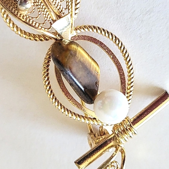 TIGER'S EYE FILIGREE OWL BROOCH with GENUINE PEARL - BONUS EARRINGS - Picture 6 of 8